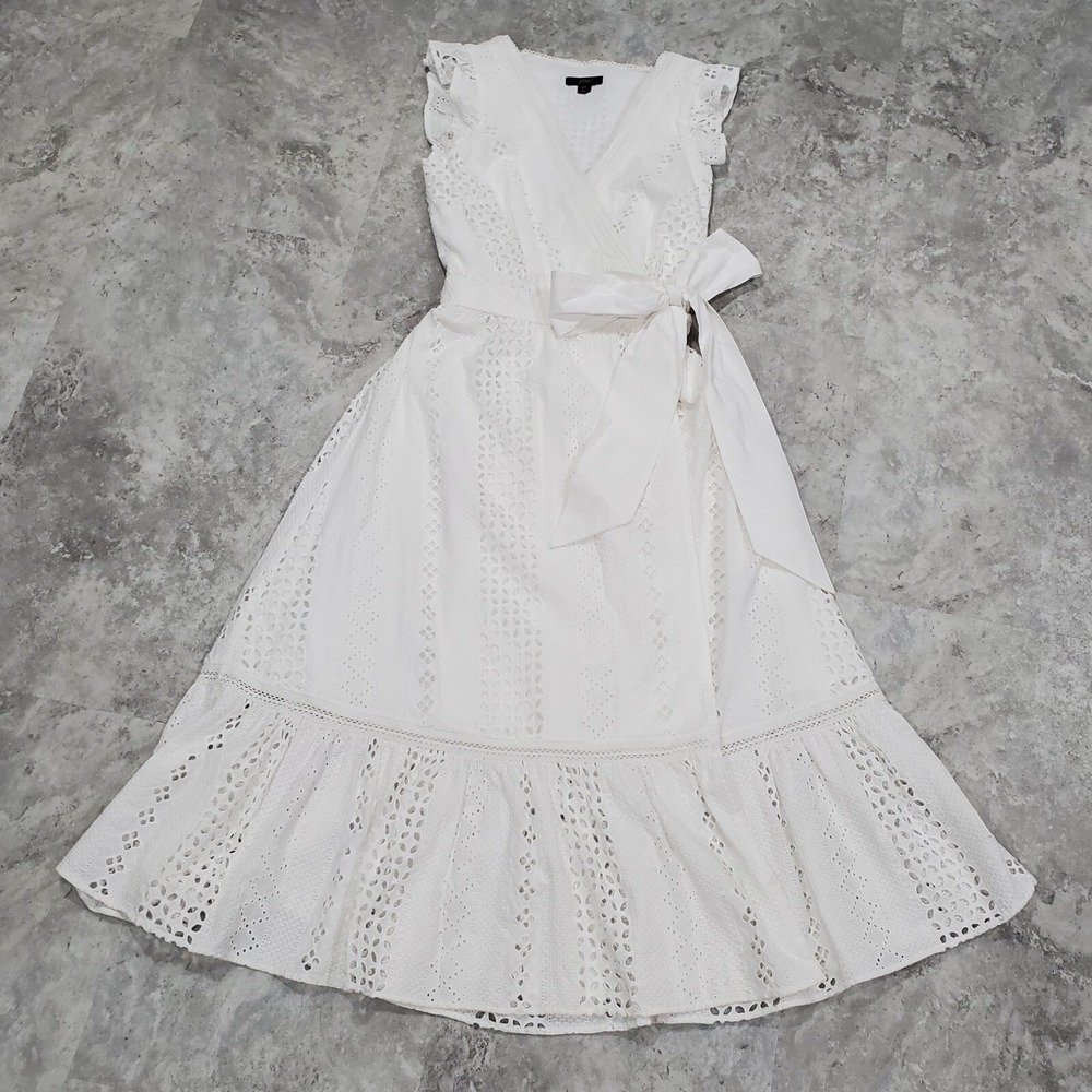J. Crew 2T White All Over Eyelet Midi Wrap Dress Vneck Cap Sleeve Cotton cottage